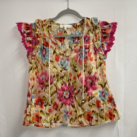 House of Harlow 1960 Flutter Sleeve Tie Neck Top Pink Multi Print Size Small - Picture 2 of 7